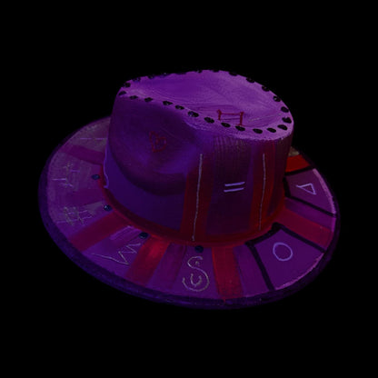 Burning Man Hat: Hand-Painted UV Neon Glyphs, Silver Skull