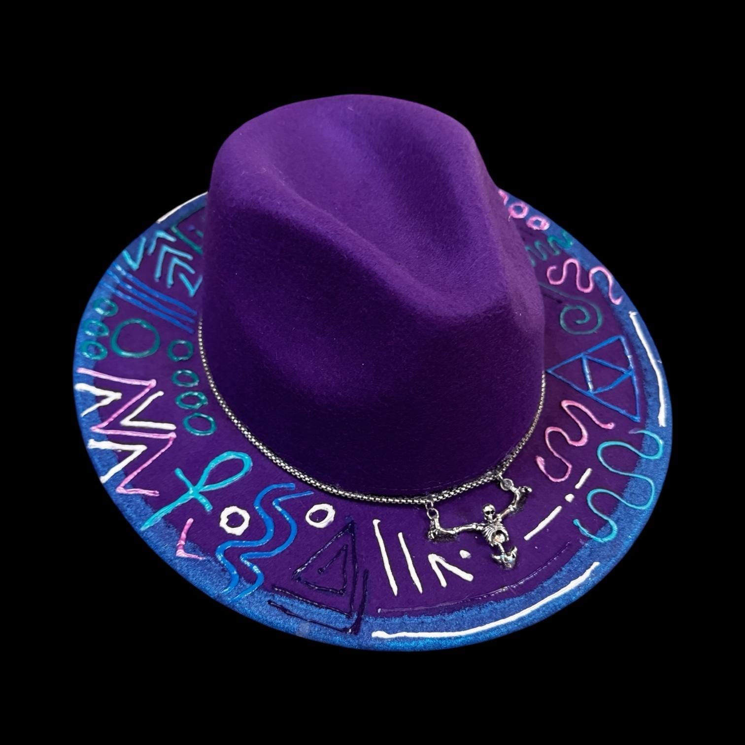 Burning Man Hat: Hand-Painted UV Neon Glyphs, Silver Skull
