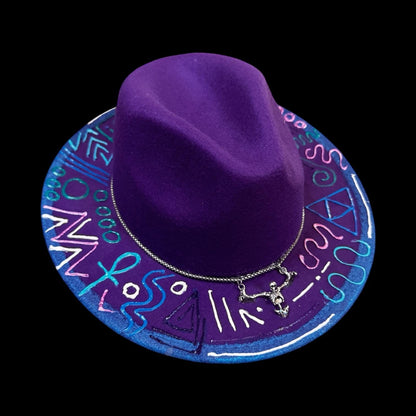 Burning Man Hat: Hand-Painted UV Neon Glyphs, Silver Skull