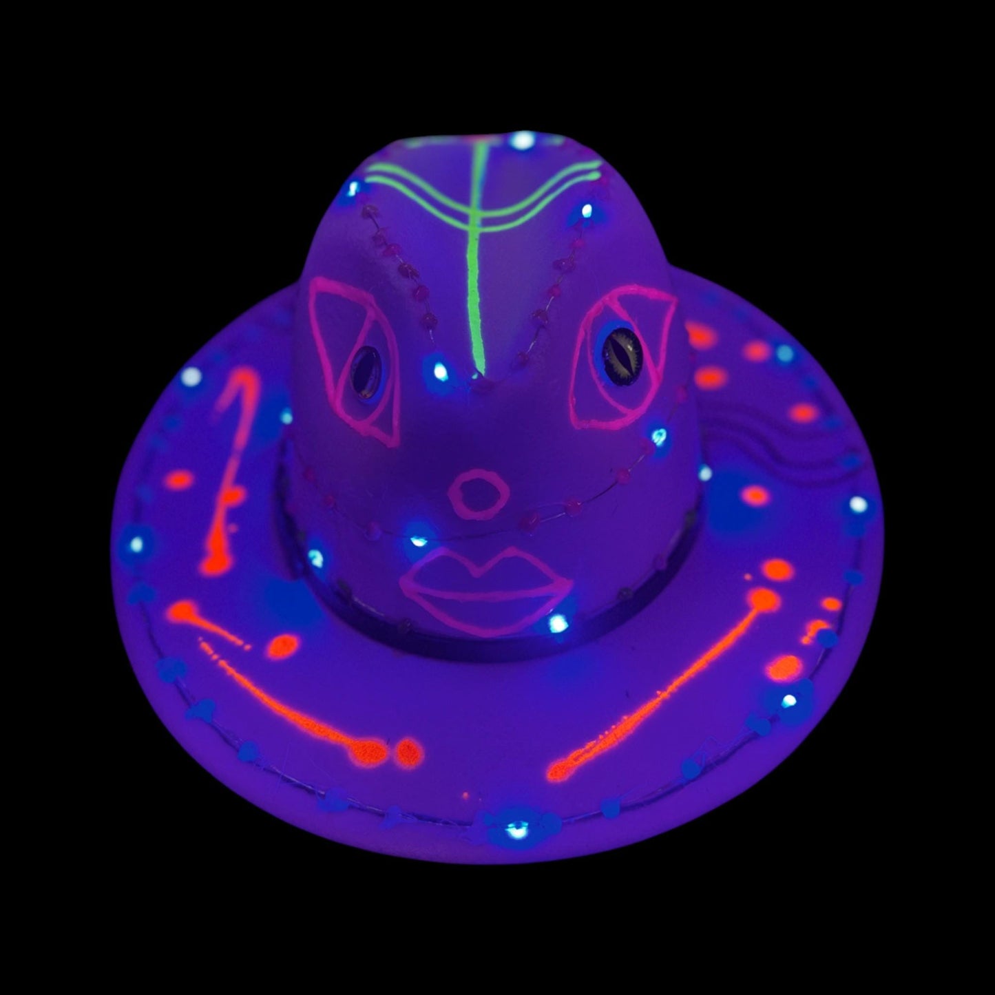 UV Reactive Alien Fedora: Hand-Painted LED Burning Man Rave Hat