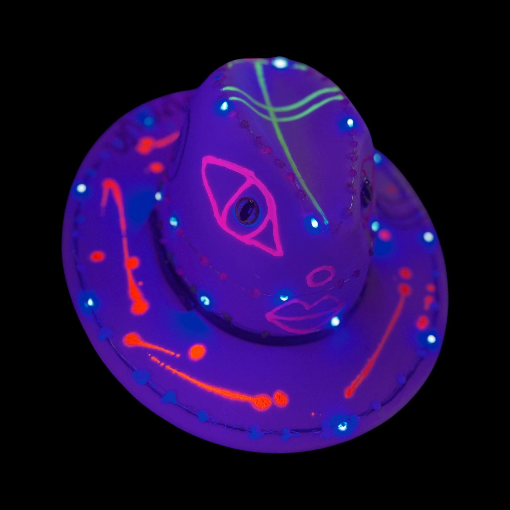 UV Reactive Alien Fedora: Hand-Painted LED Burning Man Rave Hat