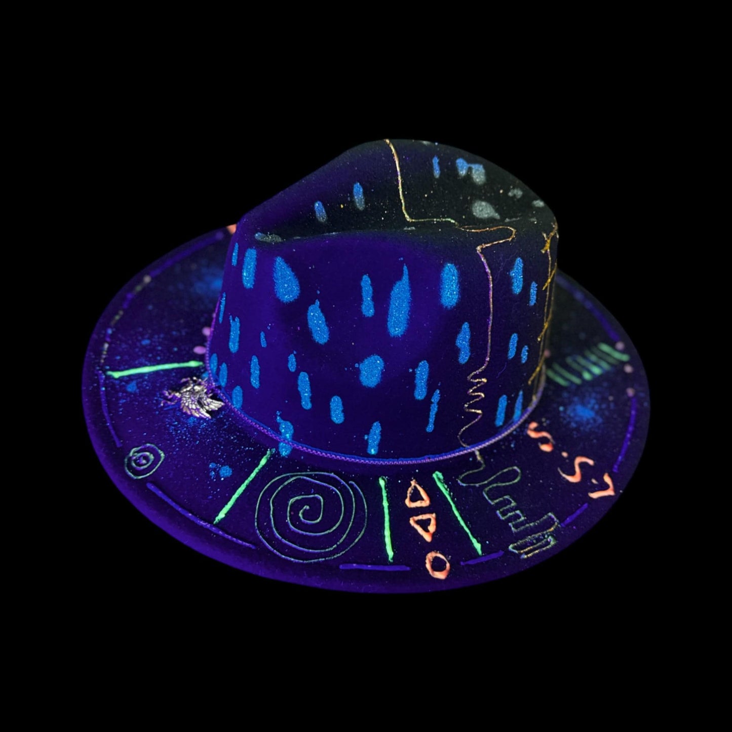 UV Reactive Fedora: Hand-Painted Neon Pegasus, Silver Pendant - Burning Man Rave Hat