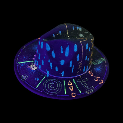 UV Reactive Fedora: Hand-Painted Neon Pegasus, Silver Pendant - Burning Man Rave Hat