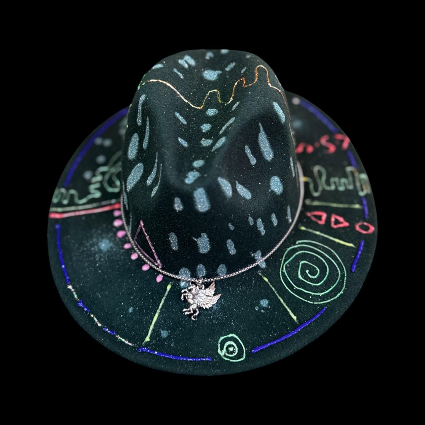UV Reactive Fedora: Hand-Painted Neon Pegasus, Silver Pendant - Burning Man Rave Hat