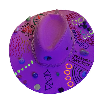 Hand-Painted Pink Cowboy Hat: Burning Man Festival Art, Glow-in-Dark