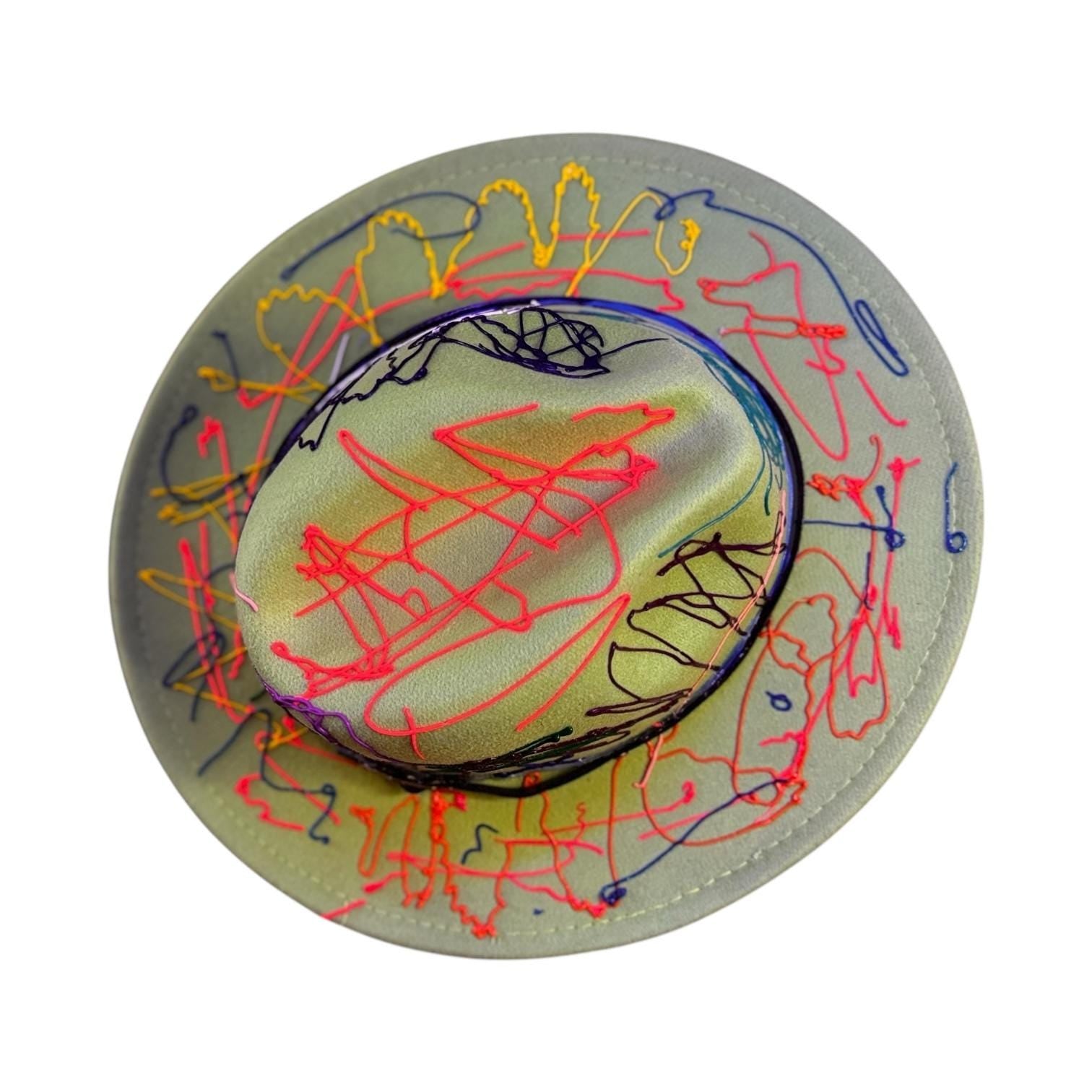 Hand-Painted Lime Green Fedora: Abstract Splatter Art Hat