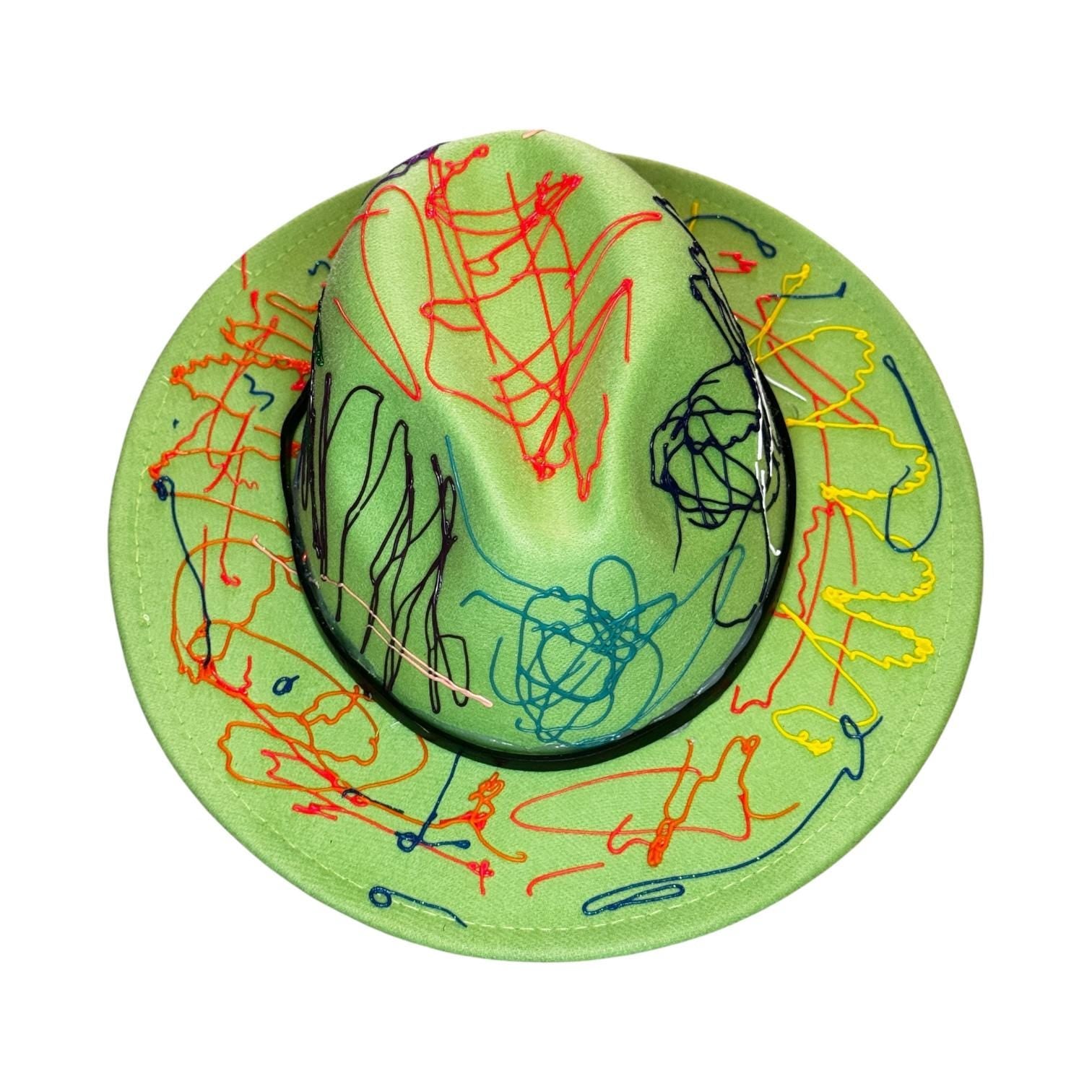 Hand-Painted Lime Green Fedora: Abstract Splatter Art Hat