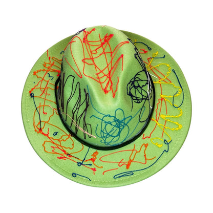Hand-Painted Lime Green Fedora: Abstract Splatter Art Hat