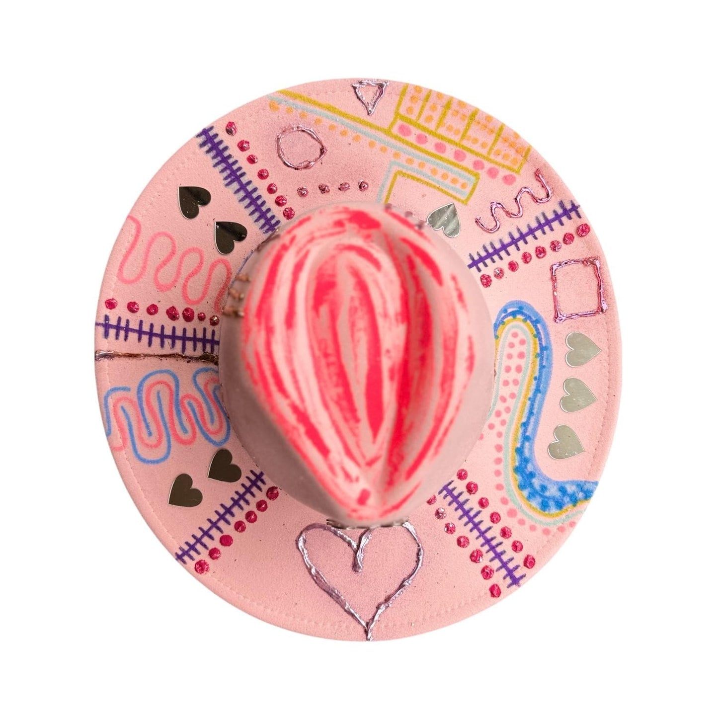 VULVA VISTA Pink Burning Man hat with large brim, vulva crown, silver hearts, neon festival symbols – Qreine wearable art by Ilgaz Kuren