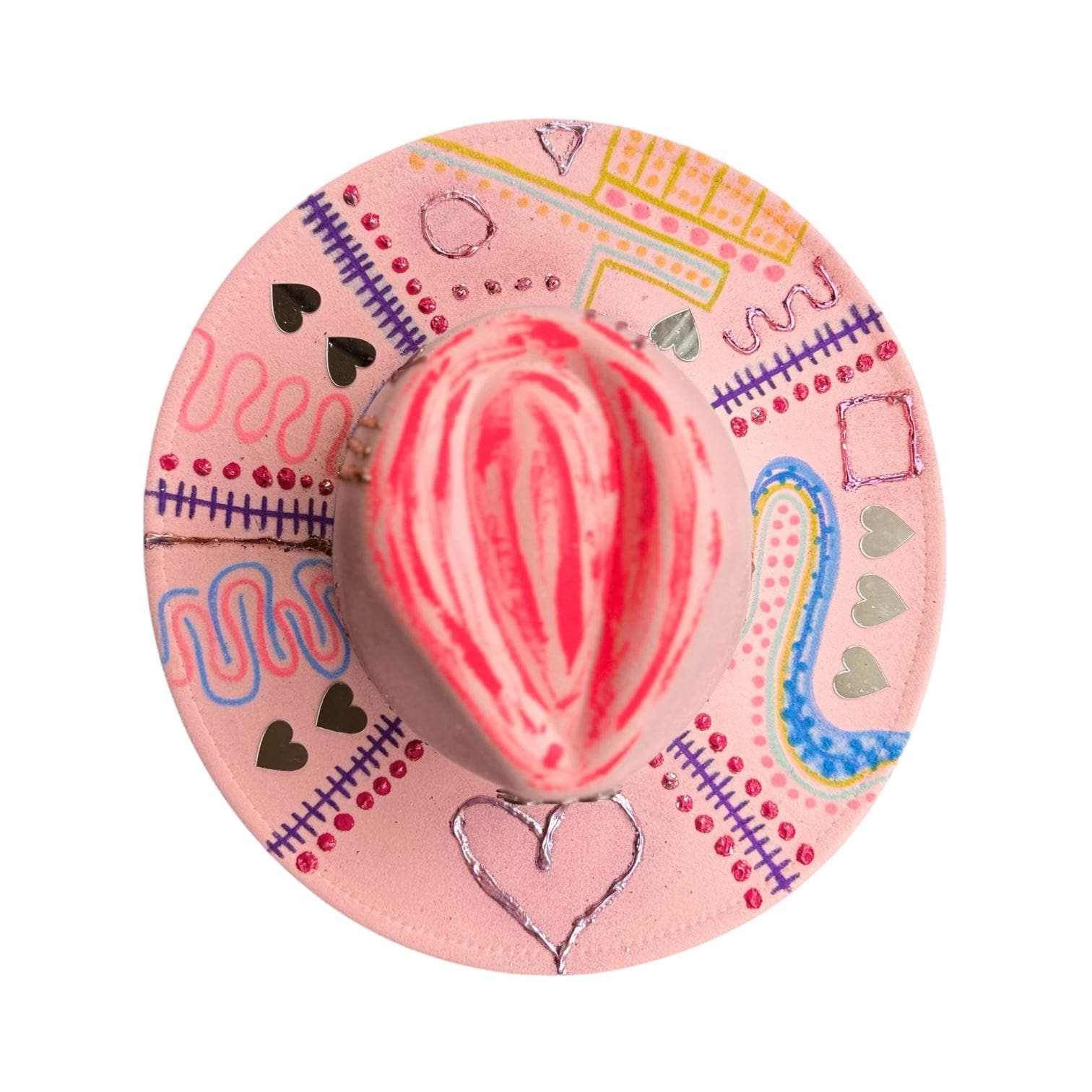 VULVA VISTA Pink Burning Man hat with large brim, vulva crown, silver hearts, neon festival symbols – Qreine wearable art by Ilgaz Kuren