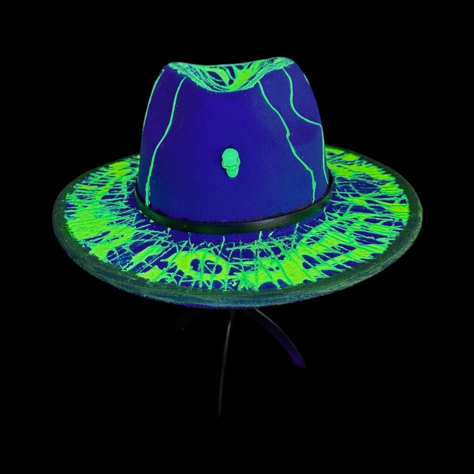 UV Reactive Skull Fedora: Neon Vortex Hand-Painted Burning Man Hat