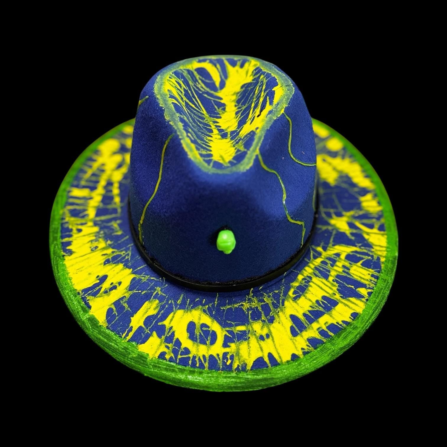 UV Reactive Skull Fedora: Neon Vortex Hand-Painted Burning Man Hat