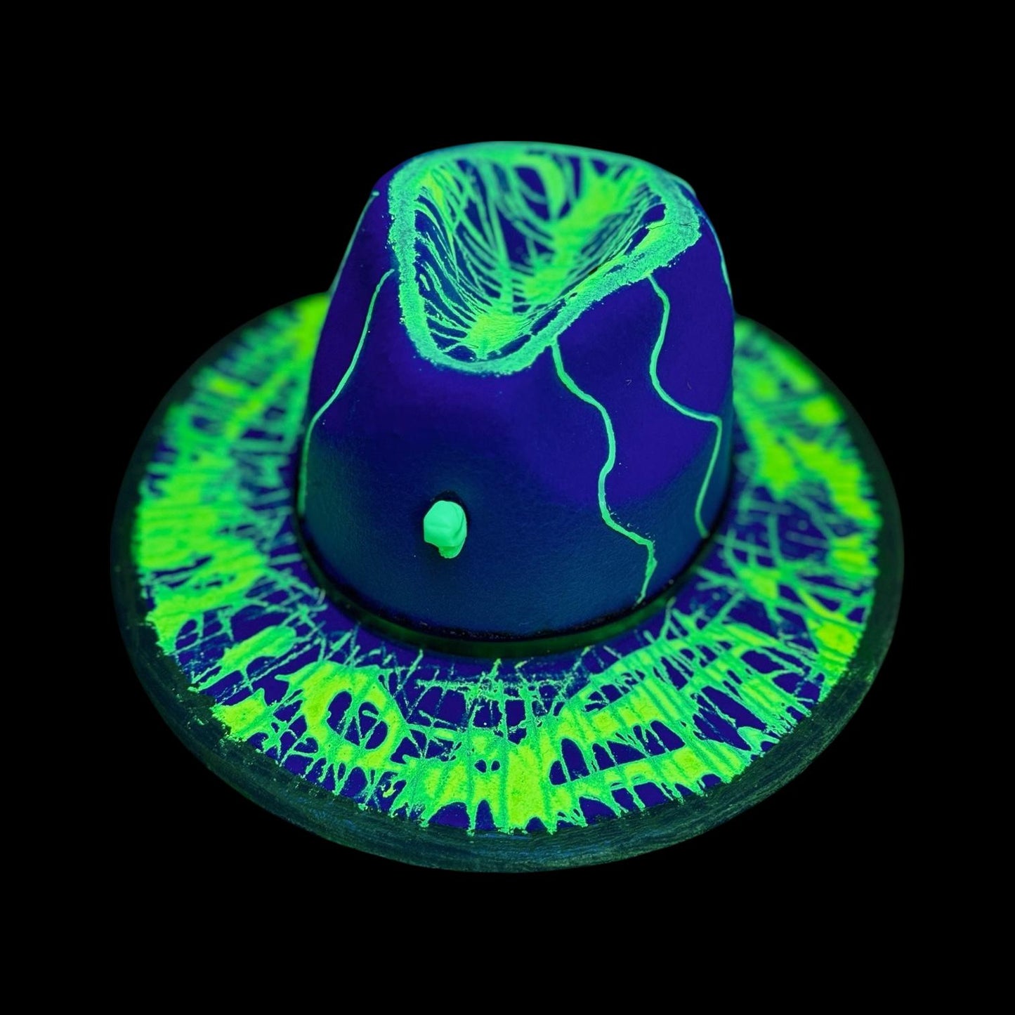 UV Reactive Skull Fedora: Neon Vortex Hand-Painted Burning Man Hat