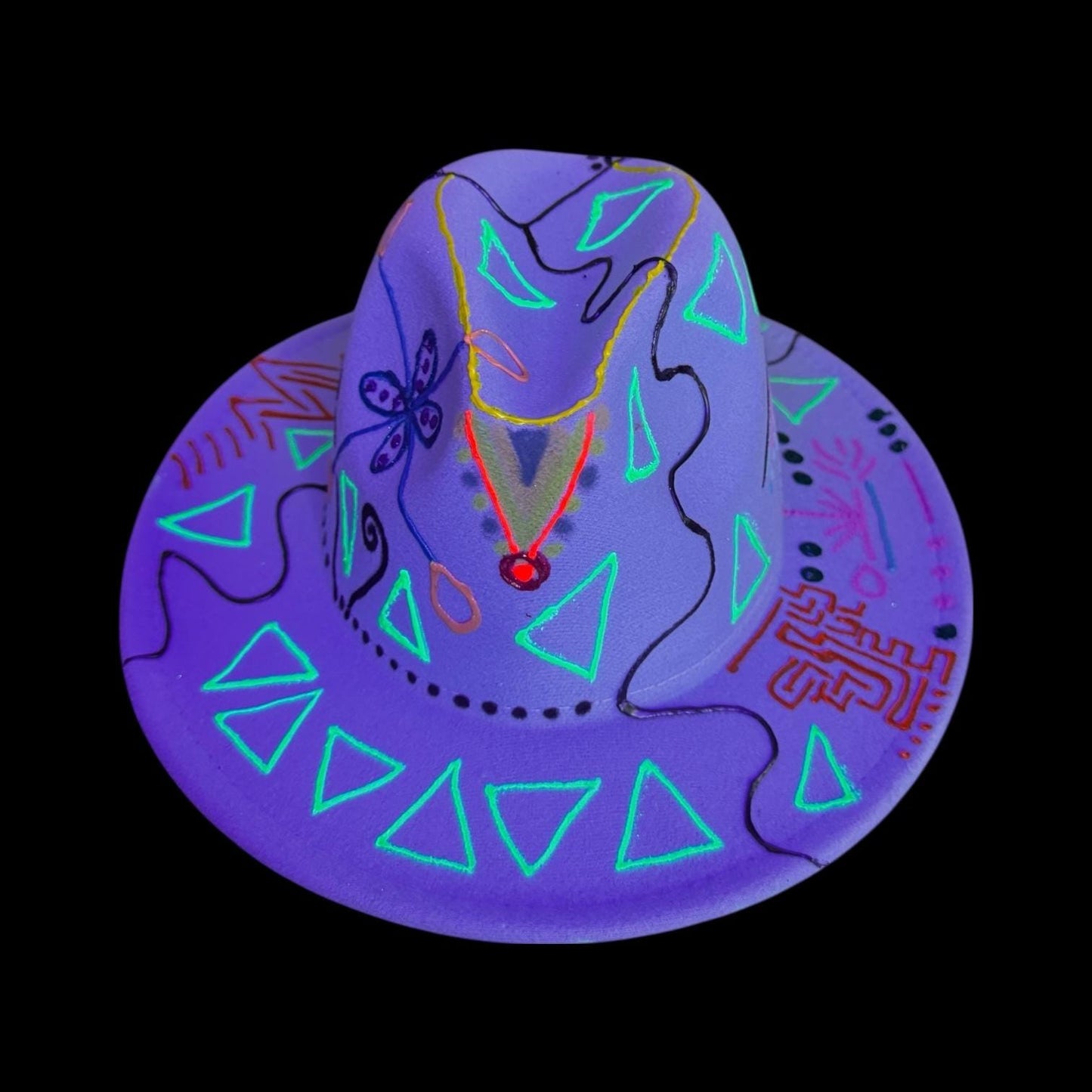 UV Reactive Fedora Hat: Hand-Painted Galactic Glyphs, Burning Man Style