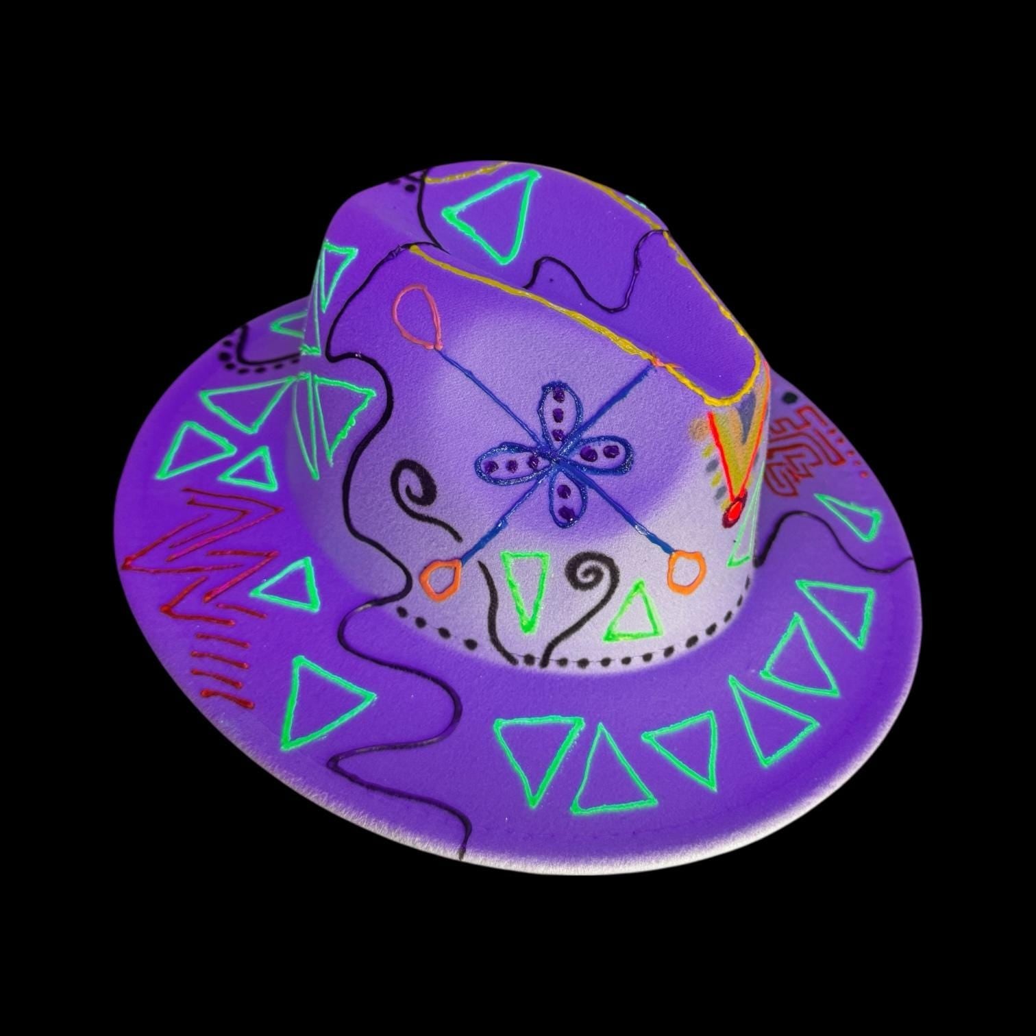UV Reactive Fedora Hat: Hand-Painted Galactic Glyphs, Burning Man Style