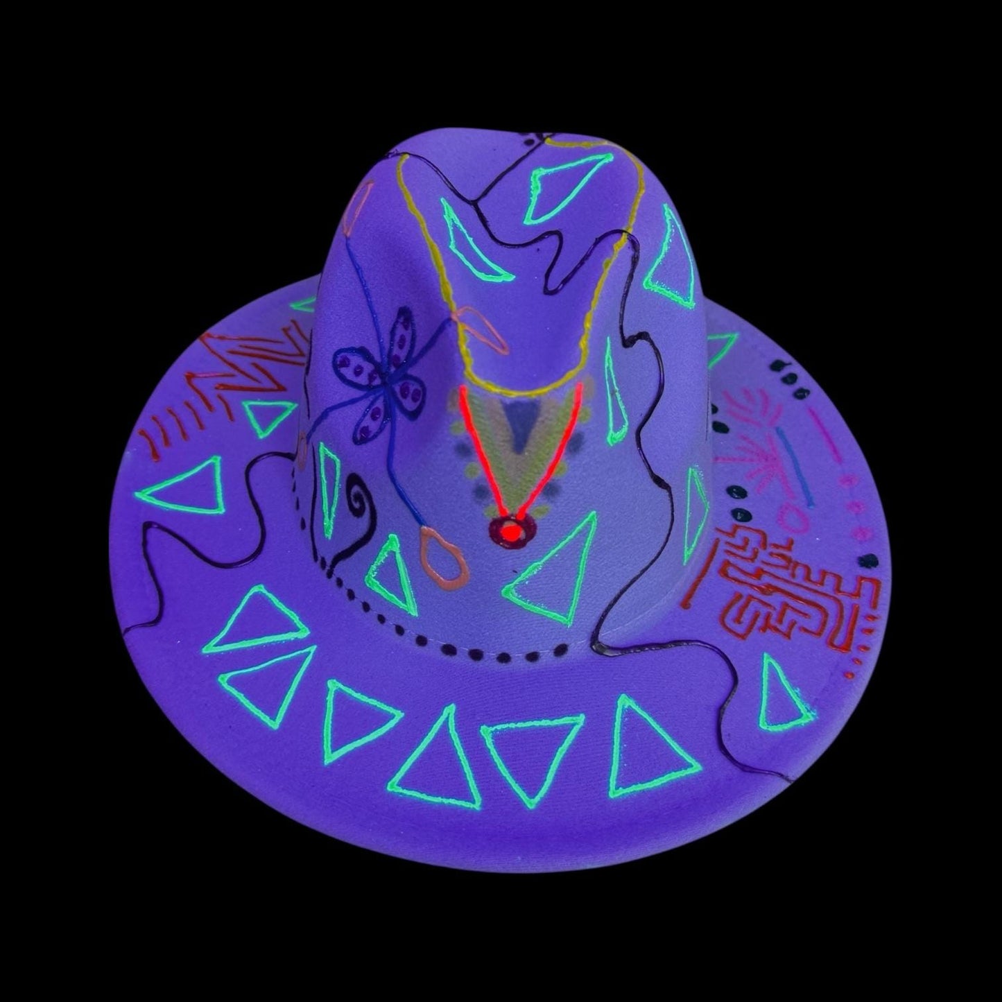 UV Reactive Fedora Hat: Hand-Painted Galactic Glyphs, Burning Man Style