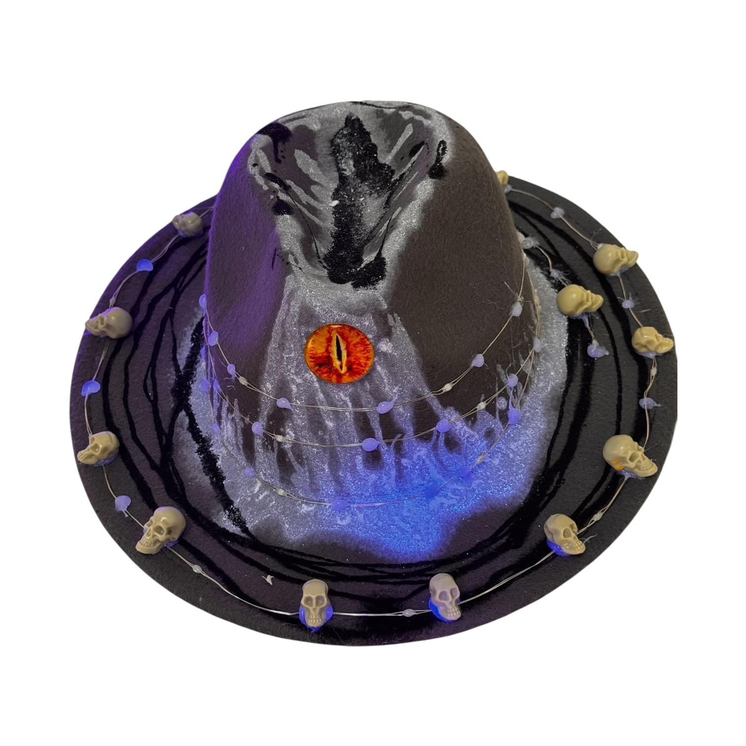 Eye of Sauron Burning Man Hat: Light-Up Skull String Lights, Glow-in-the-Dark Paint