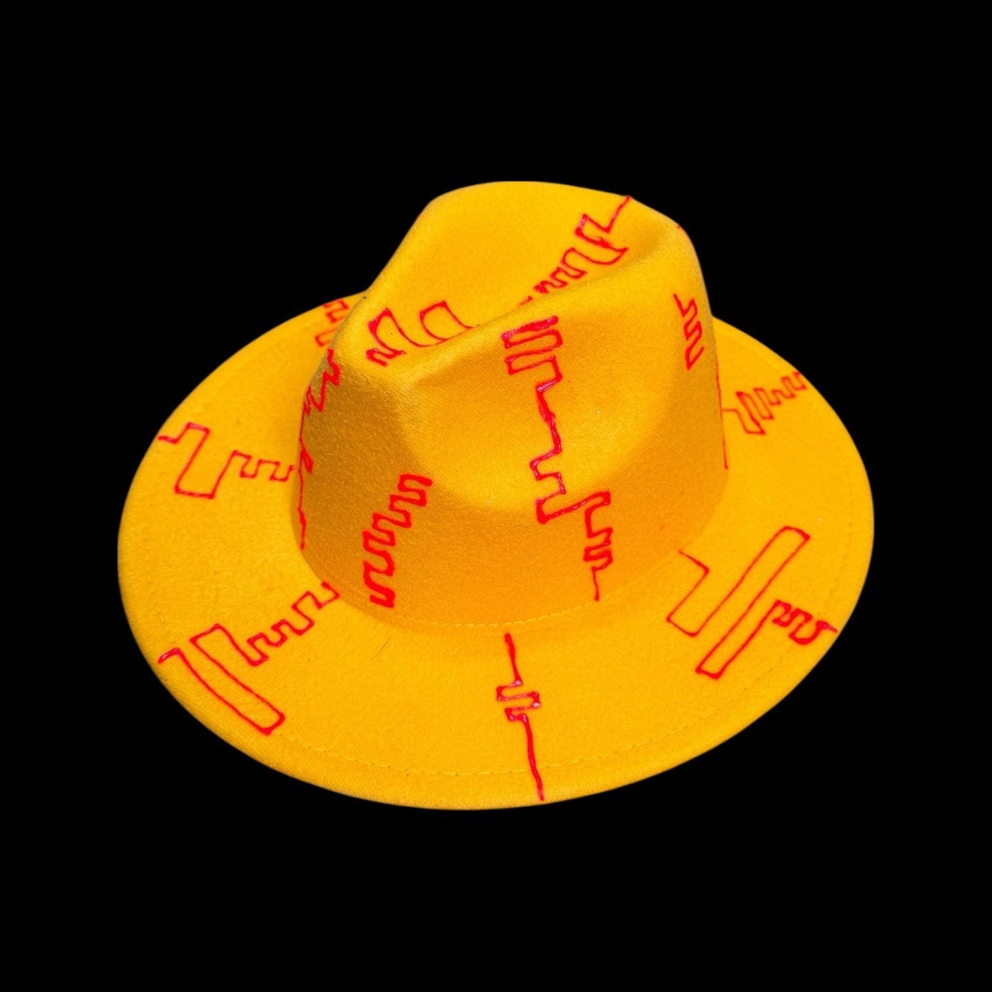 Neon Yellow Burning Man Hat: UV-Glow Red Glyphs, Size 57