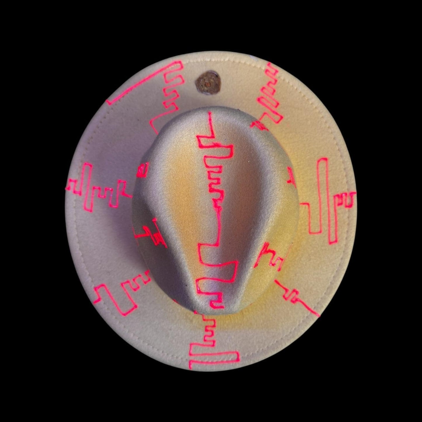 Neon Yellow Burning Man Hat: UV-Glow Red Glyphs, Size 57