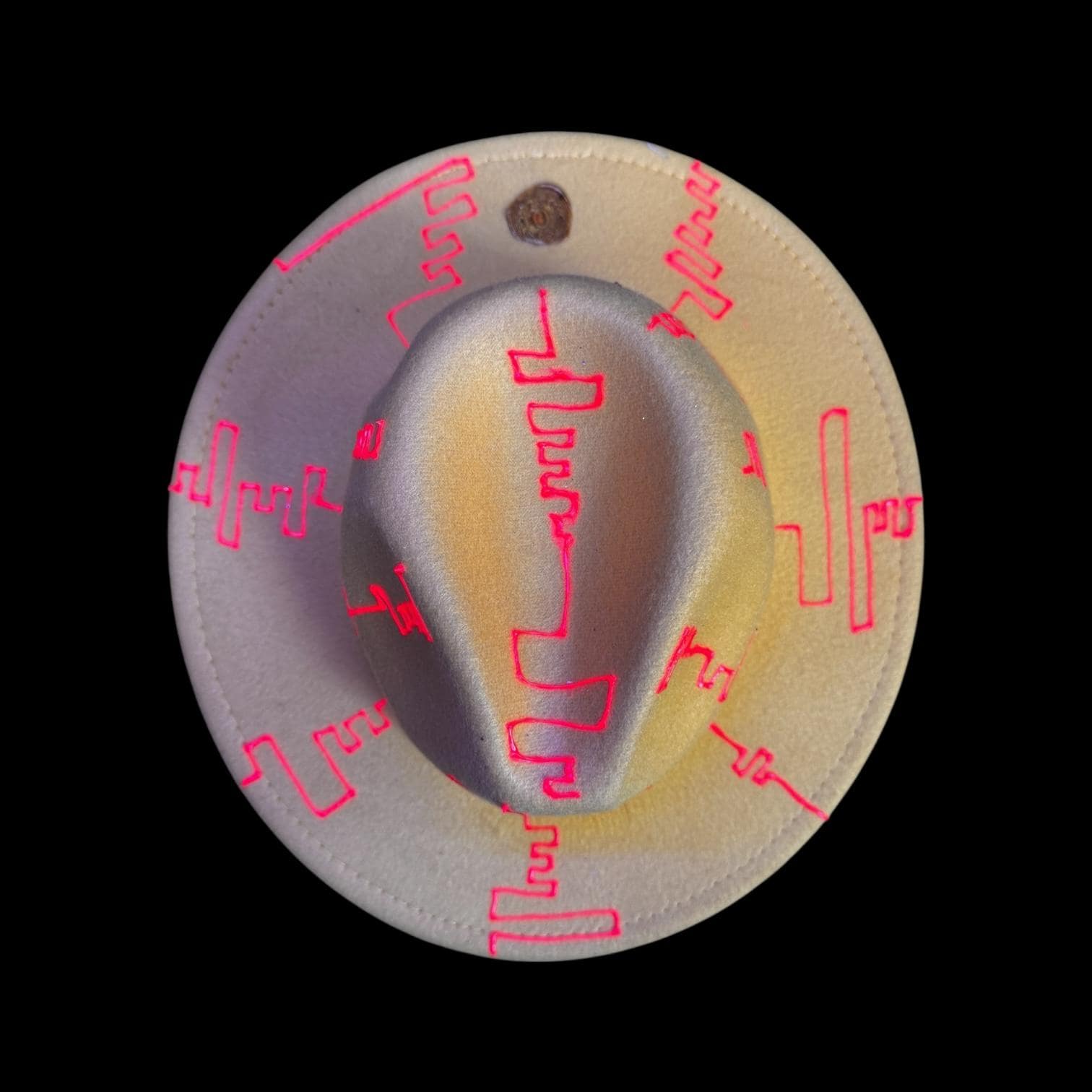 Neon Yellow Burning Man Hat: UV-Glow Red Glyphs, Size 57