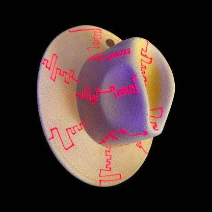 Neon Yellow Burning Man Hat: UV-Glow Red Glyphs, Size 57