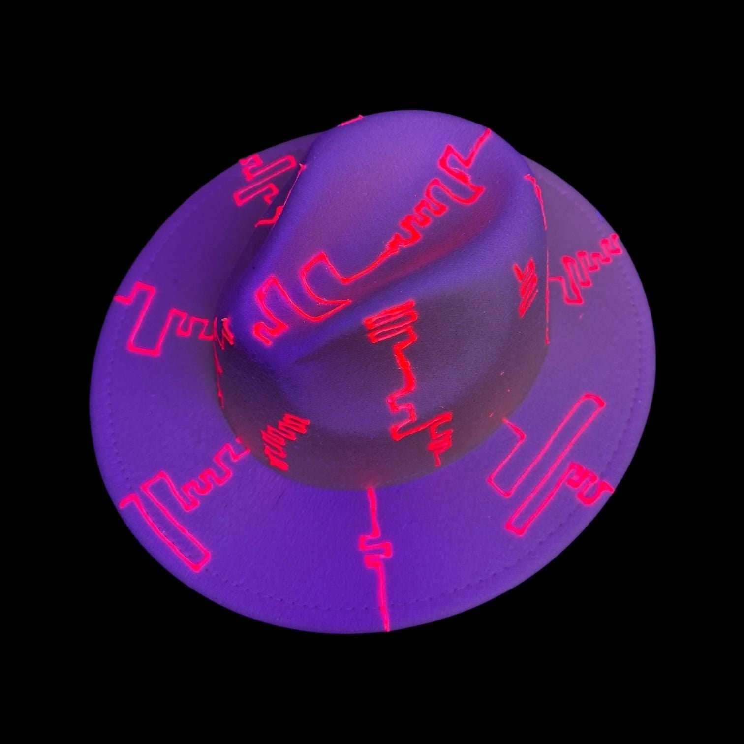 Neon Yellow Burning Man Hat: UV-Glow Red Glyphs, Size 57