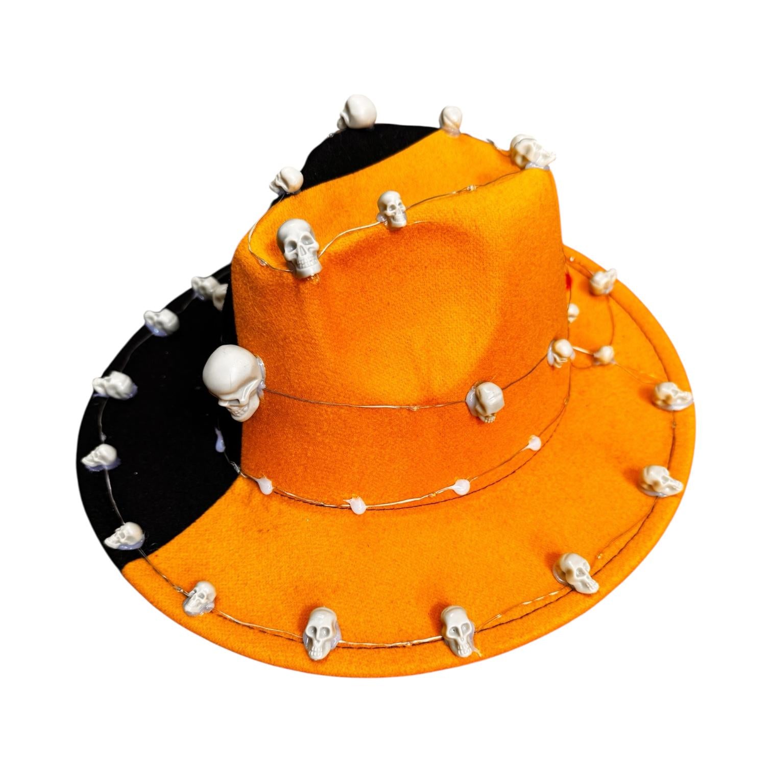 Orange & Black Skull Burning Man Hat: LED Light-Up Statement Piece