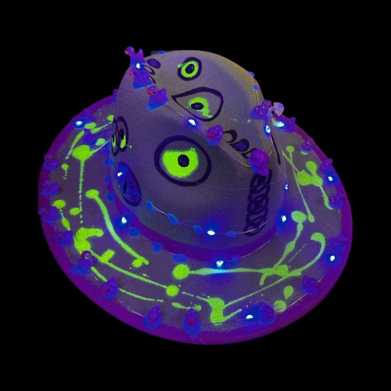 Burning Man Light-Up Hat: Glow-in-Dark UV Paint, Alien Eyes & LED Trim