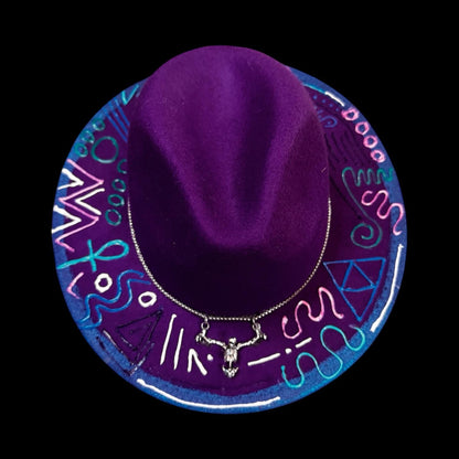 Burning Man Hat: Hand-Painted UV Neon Glyphs, Silver Skull