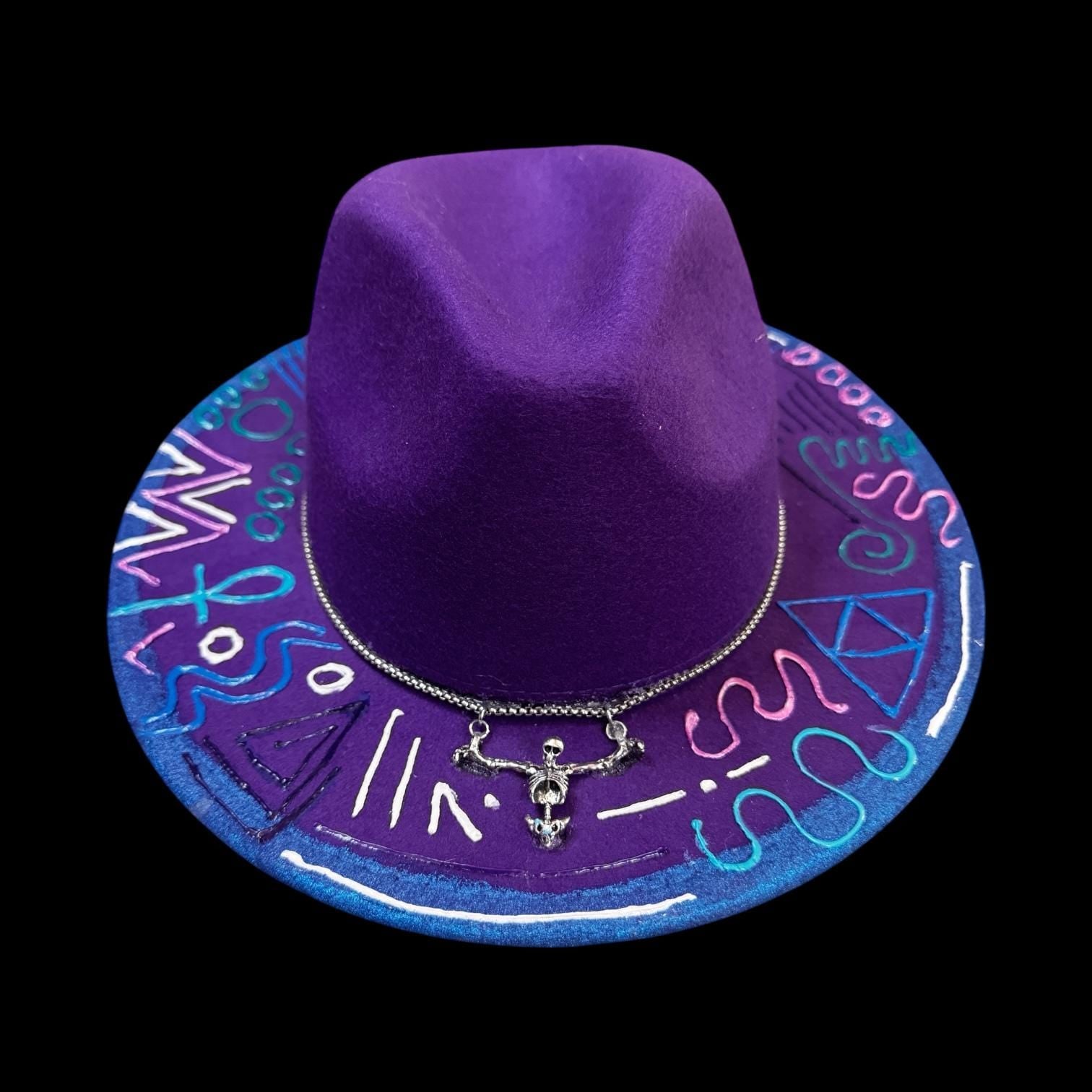 Burning Man Hat: Hand-Painted UV Neon Glyphs, Silver Skull