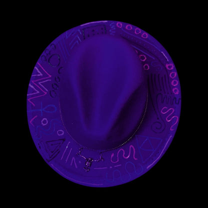 Burning Man Hat: Hand-Painted UV Neon Glyphs, Silver Skull