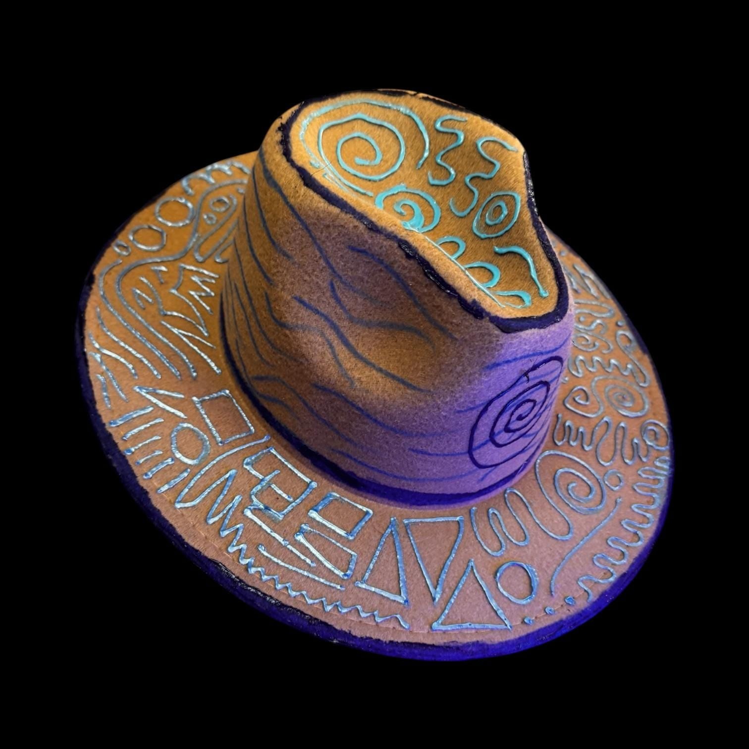 Hand-Painted UV Reactive Fedora Hat: Desert Code Tribal Art