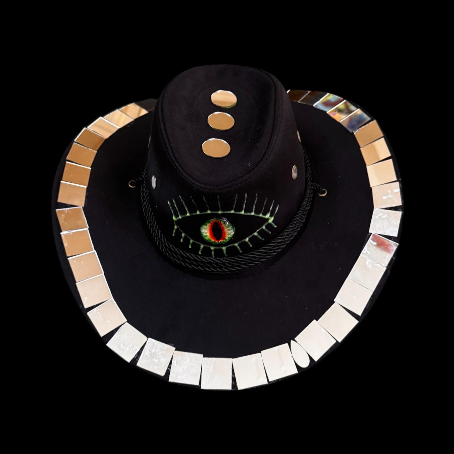 Burning Man Mirror Cowboy Hat: Hand-Painted Dragon Eye UV Rave Hat