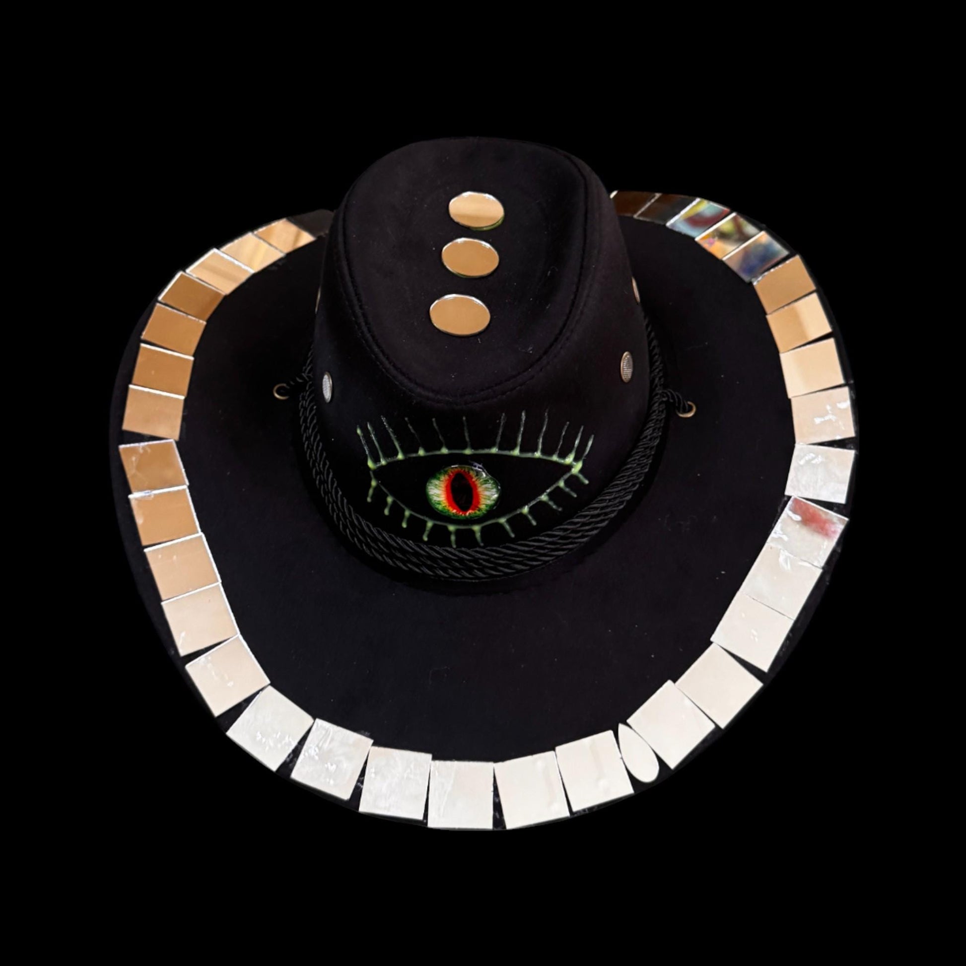 Burning Man Mirror Cowboy Hat: Hand-Painted Dragon Eye UV Rave Hat