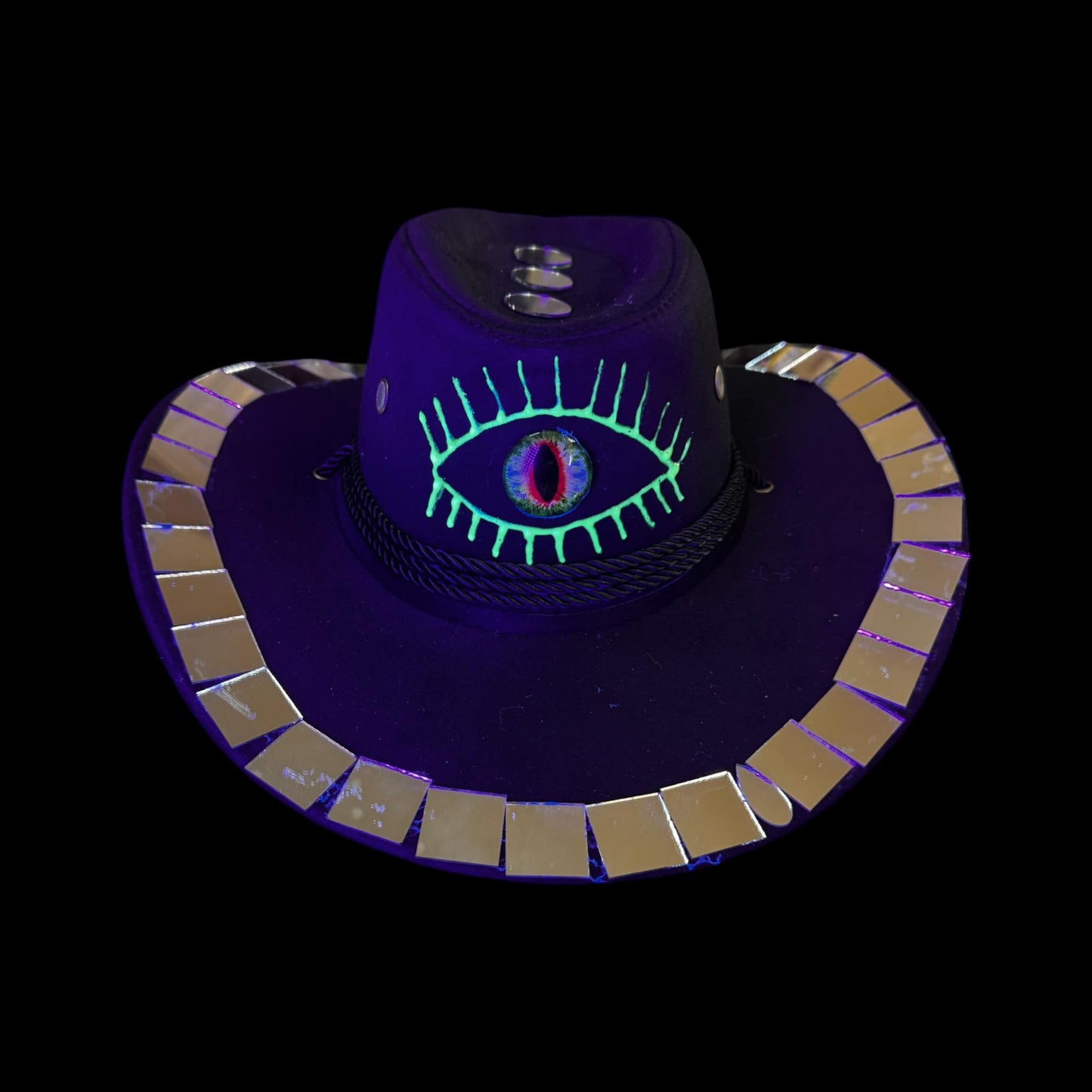 Burning Man Mirror Cowboy Hat: Hand-Painted Dragon Eye UV Rave Hat