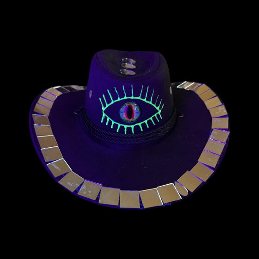 Burning Man Mirror Cowboy Hat: Hand-Painted Dragon Eye UV Rave Hat