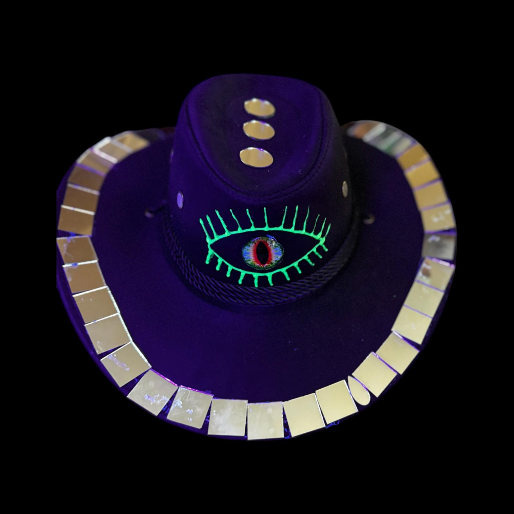 Burning Man Mirror Cowboy Hat: Hand-Painted Dragon Eye UV Rave Hat