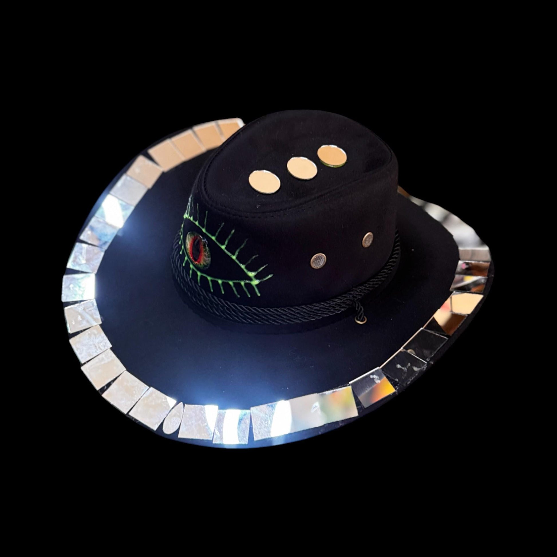 Burning Man Mirror Cowboy Hat: Hand-Painted Dragon Eye UV Rave Hat