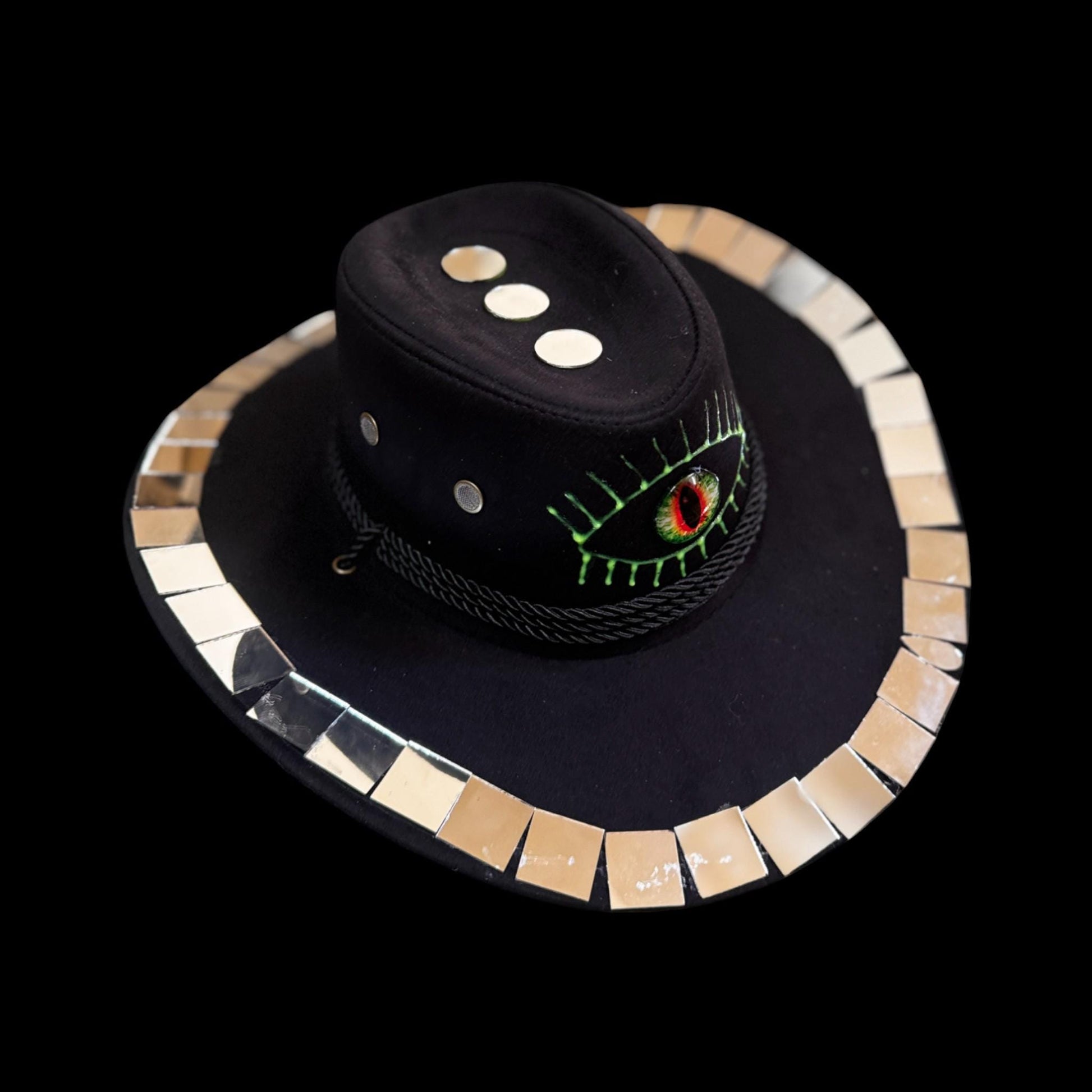 Burning Man Mirror Cowboy Hat: Hand-Painted Dragon Eye UV Rave Hat