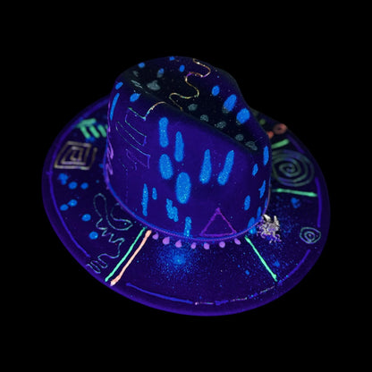 UV Reactive Fedora: Hand-Painted Neon Pegasus, Silver Pendant - Burning Man Rave Hat