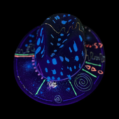 UV Reactive Fedora: Hand-Painted Neon Pegasus, Silver Pendant - Burning Man Rave Hat