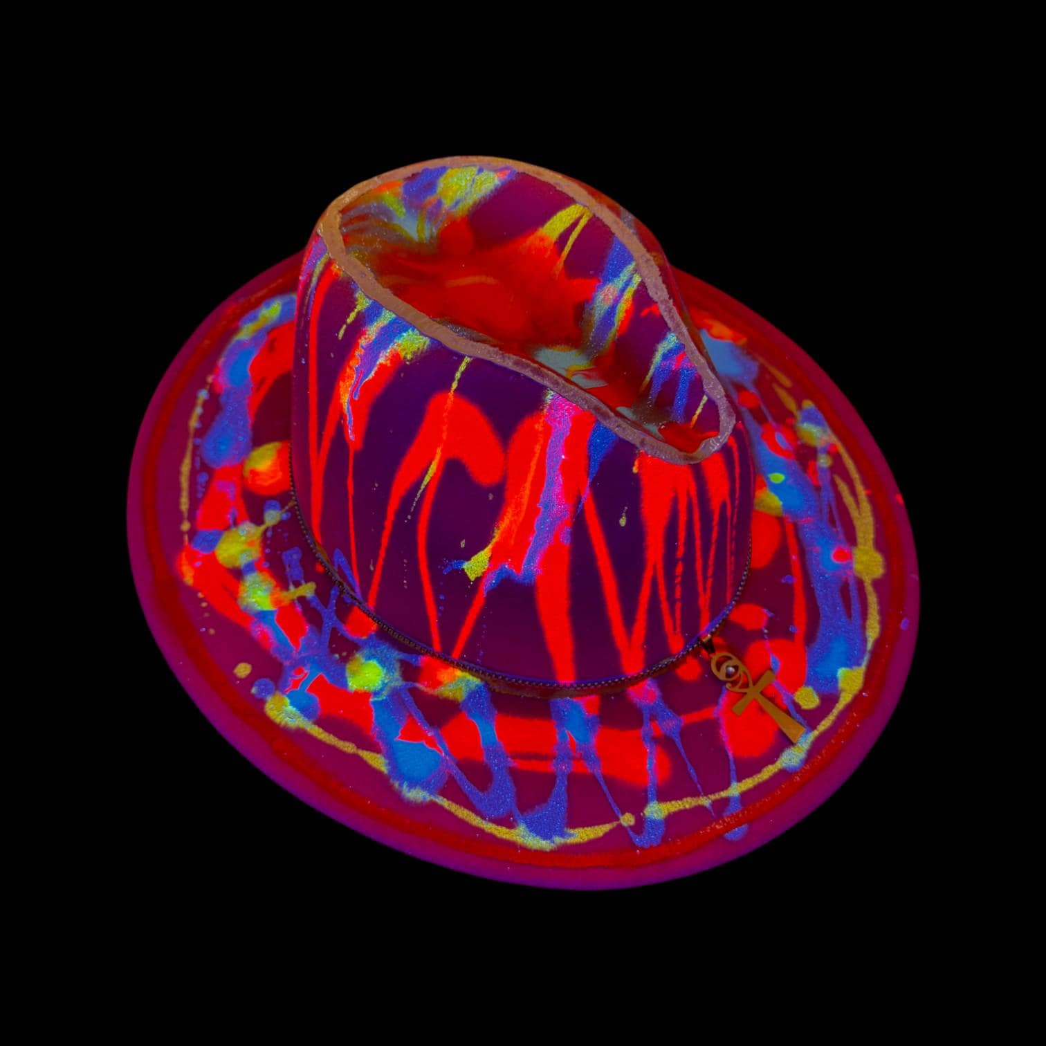 Hand-Painted Rave Hat: Neon UV Glow, Gold Ankh, Burning Man Fashion