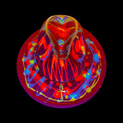 Hand-Painted Rave Hat: Neon UV Glow, Gold Ankh, Burning Man Fashion