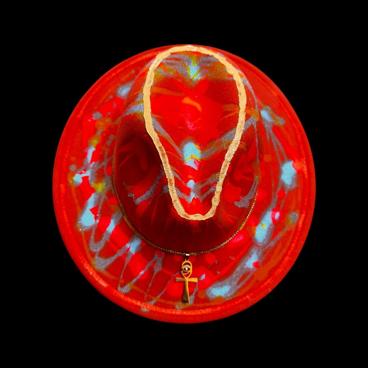 Hand-Painted Rave Hat: Neon UV Glow, Gold Ankh, Burning Man Fashion