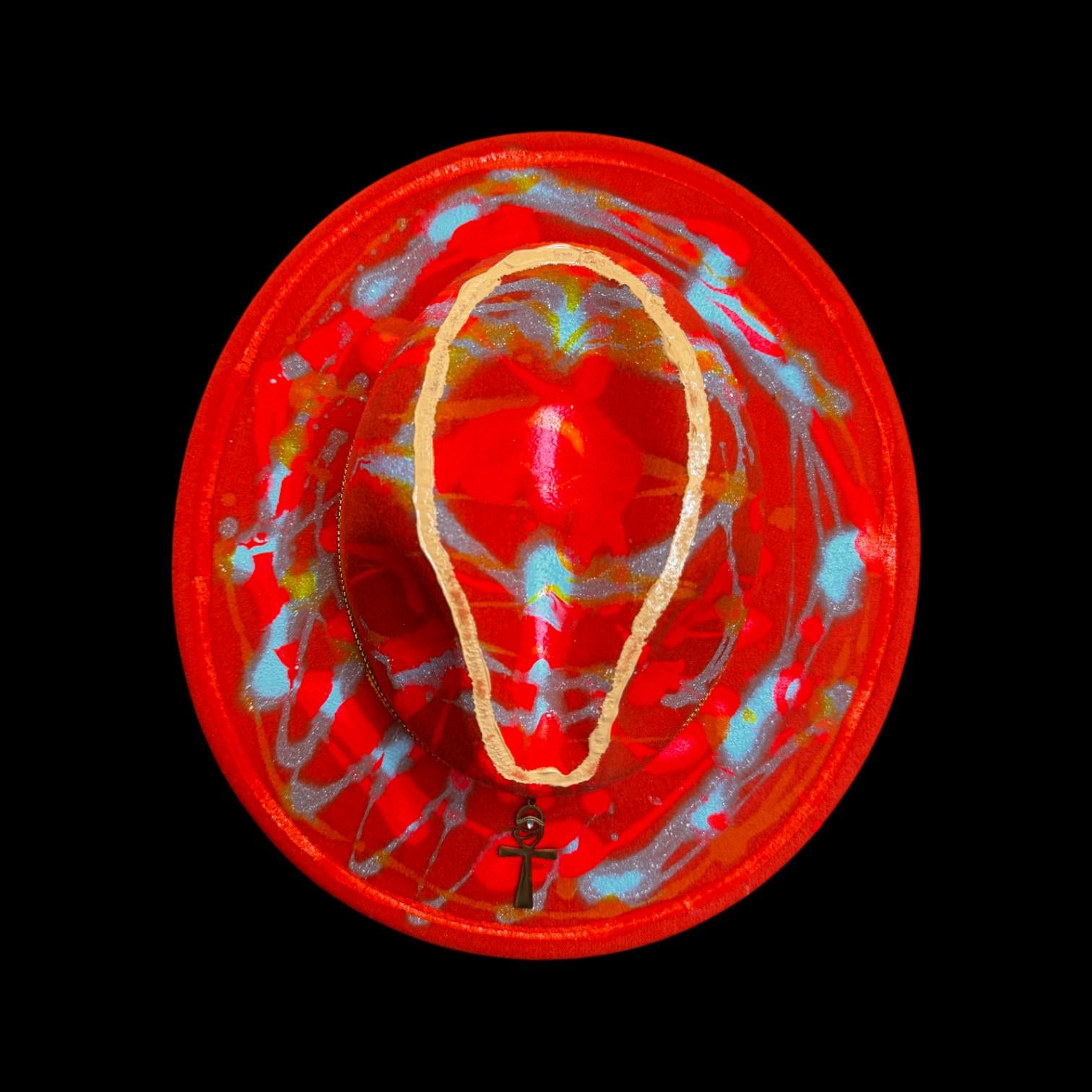 Hand-Painted Rave Hat: Neon UV Glow, Gold Ankh, Burning Man Fashion