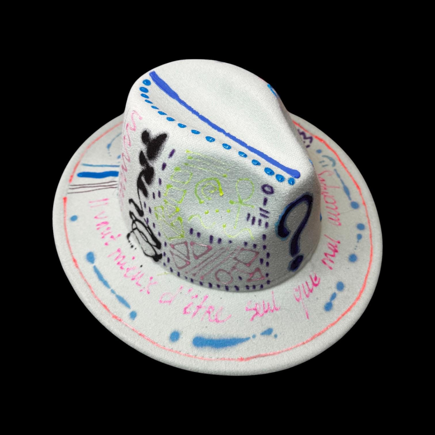 Hand-Painted Graffiti Fedora: UV-Reactive Art, French Quotes - Qreine