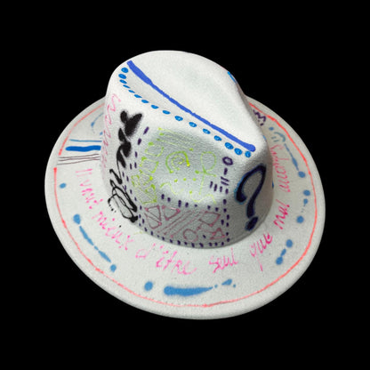 Hand-Painted Graffiti Fedora: UV-Reactive Art, French Quotes - Qreine