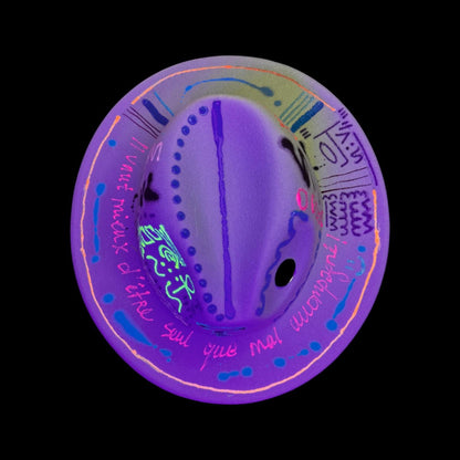 Hand-Painted Graffiti Fedora: UV-Reactive Art, French Quotes - Qreine
