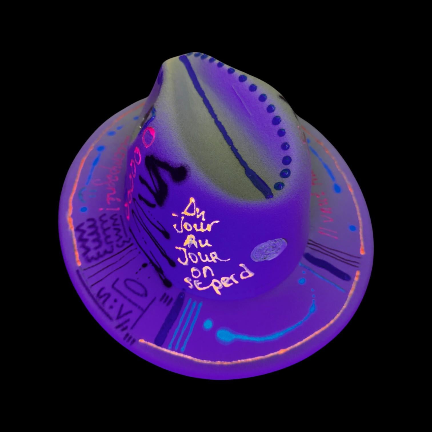 Hand-Painted Graffiti Fedora: UV-Reactive Art, French Quotes - Qreine