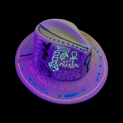 Hand-Painted Graffiti Fedora: UV-Reactive Art, French Quotes - Qreine